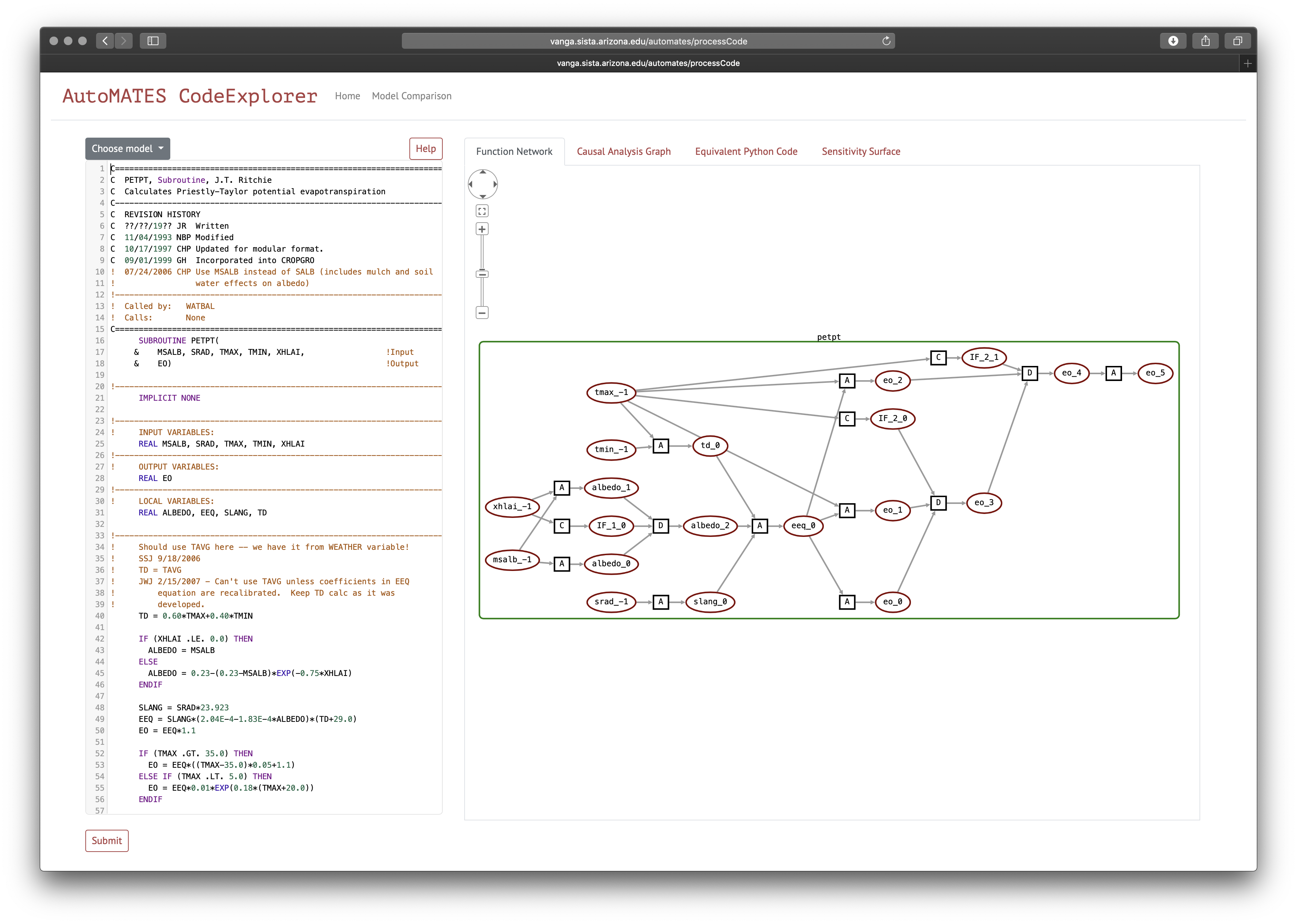 Screenshot of AutoMATES CodeExplorer interface